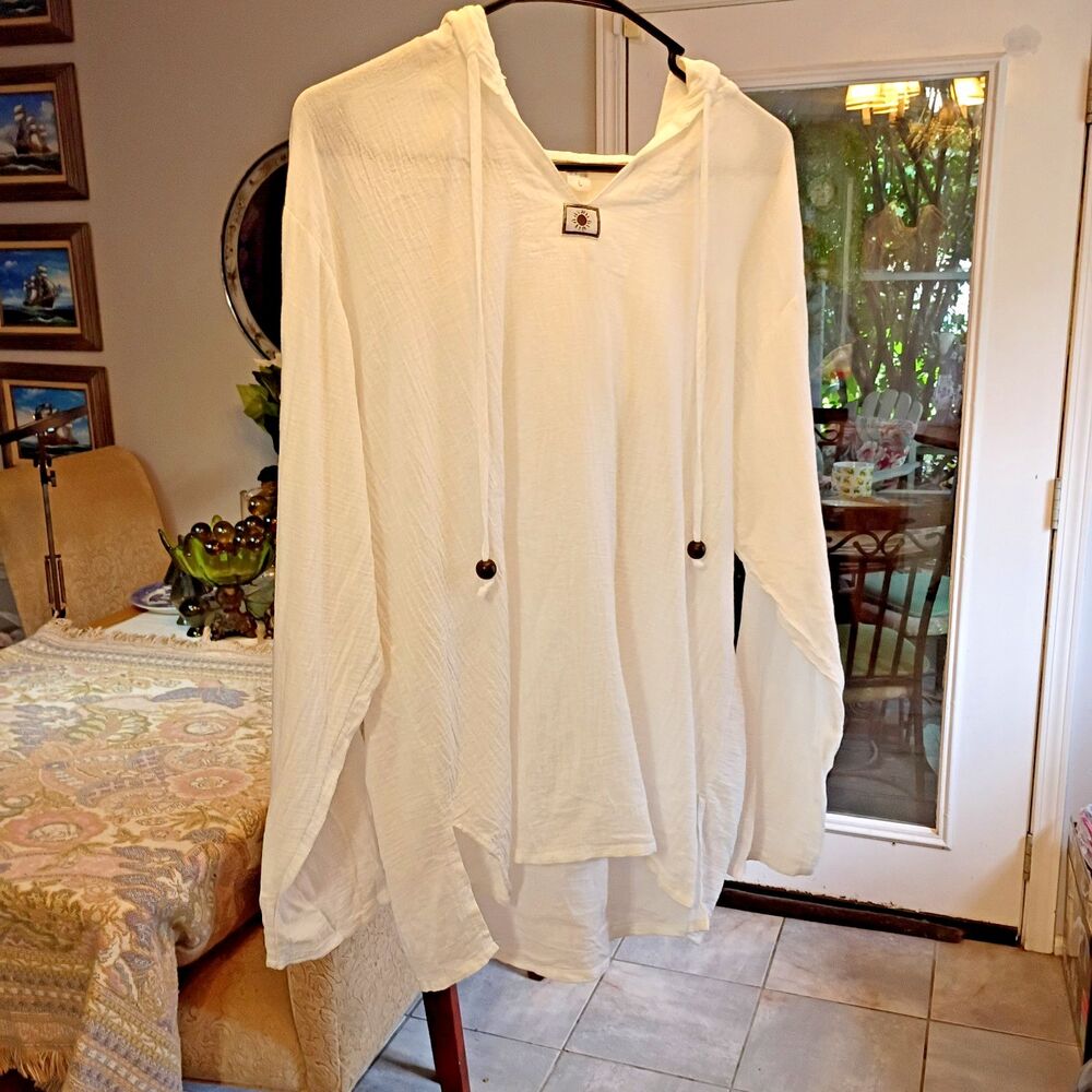 White Gauze Cotton Hooded Hippie Kurta Beach Coverup Tunic L